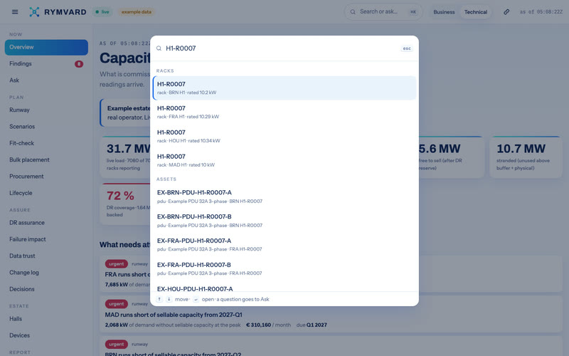 Rymvard's command palette searching racks, assets and customers